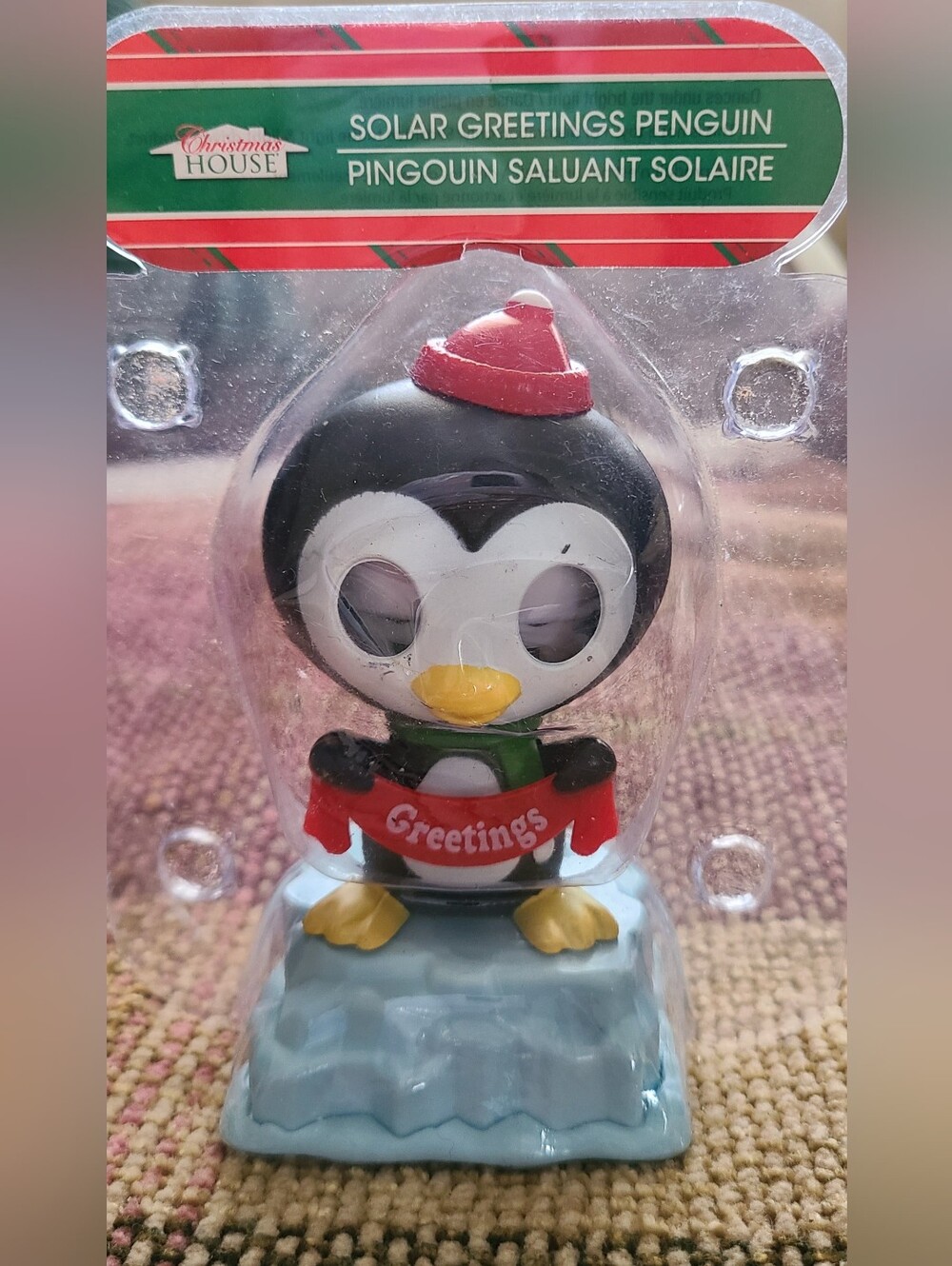 NIB Christmas House Solar Greetings Penguin - Black, White, Red, Green, Yellow